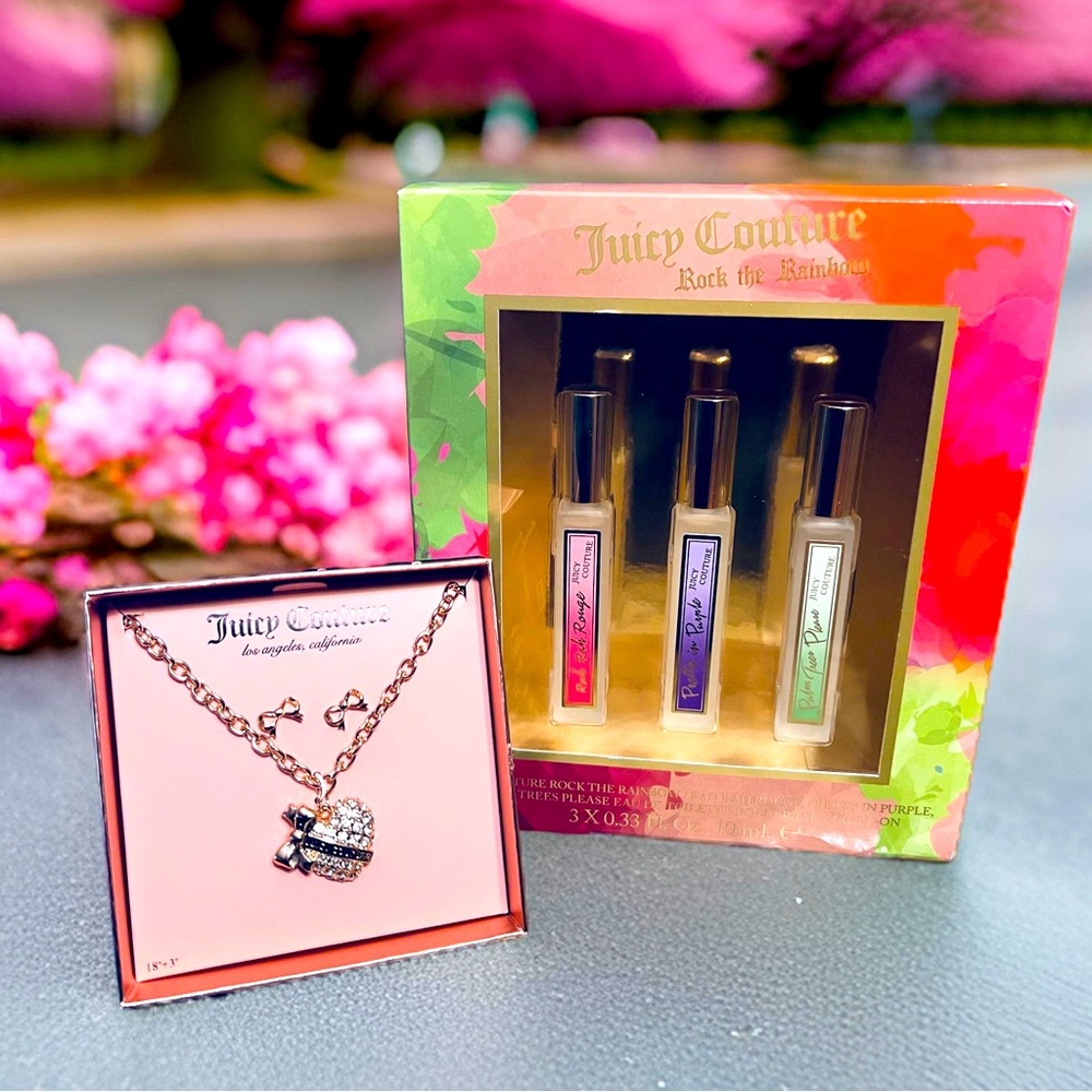 Juicy Couture Los Angeles NWT Roll on Trio Eau De Toilette Earnings Necklace Set
